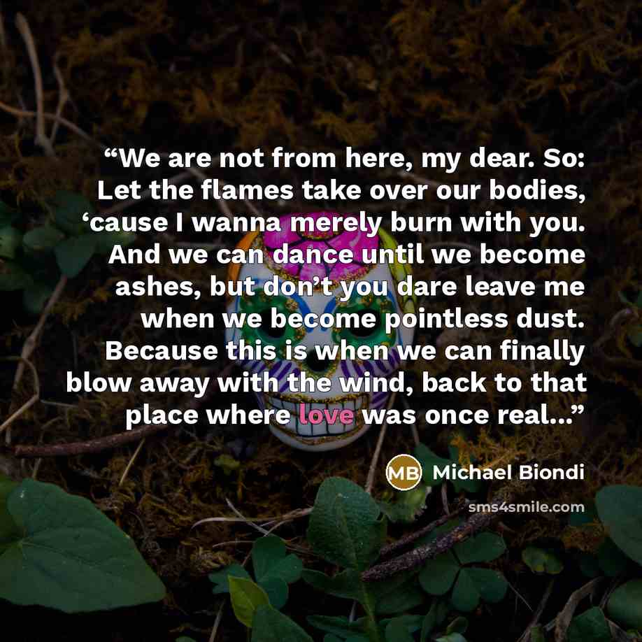 “We are not from here, my dear. So: Let the flames take over our bodies, ‘cause I wanna merely burn with you. And we can dance until we become ashes, but don’t you dare leave me when we become pointless dust. Because this is when we can finally blow away with the wind, back to that place where love…” quote by Michael Biondi