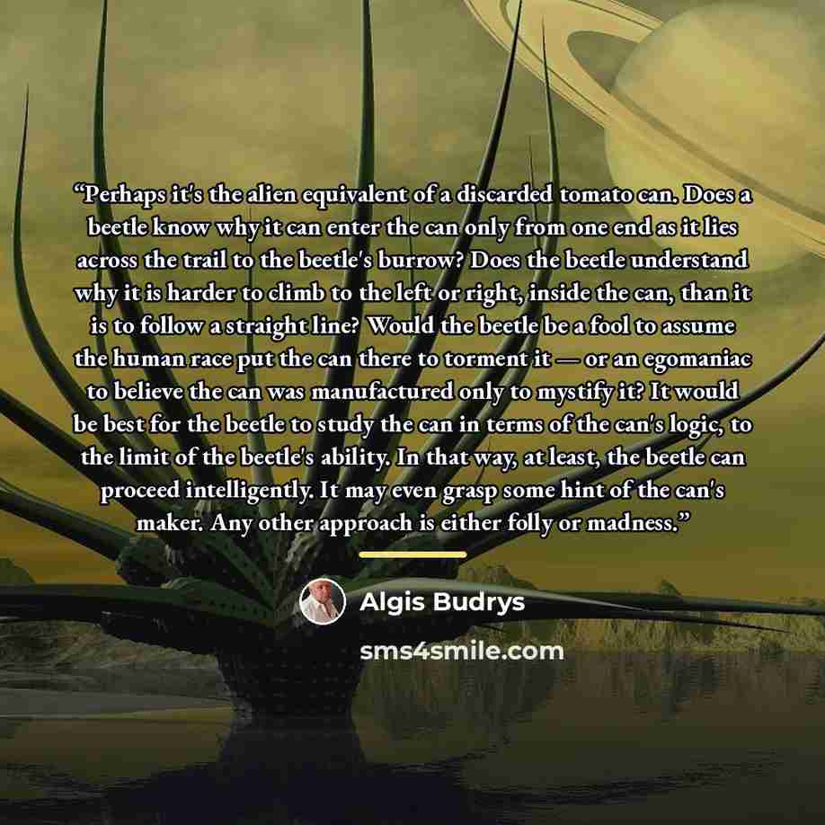 “Perhaps it's the alien equivalent of a discarded tomato can. Does a beetle know why it can enter the can only from one end as it lies across the trail to the beetle's burrow? Does the beetle understand why it is harder to climb to the left or right, inside the can, than it is to follow a straight…” quote by Algis Budrys