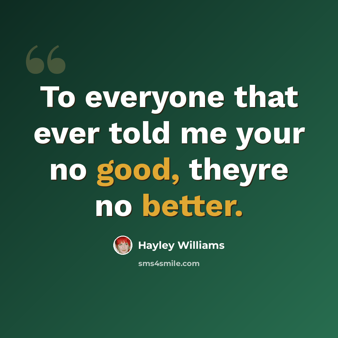 “To everyone that ever told me your no good, theyre no better.” quote by Hayley Williams
