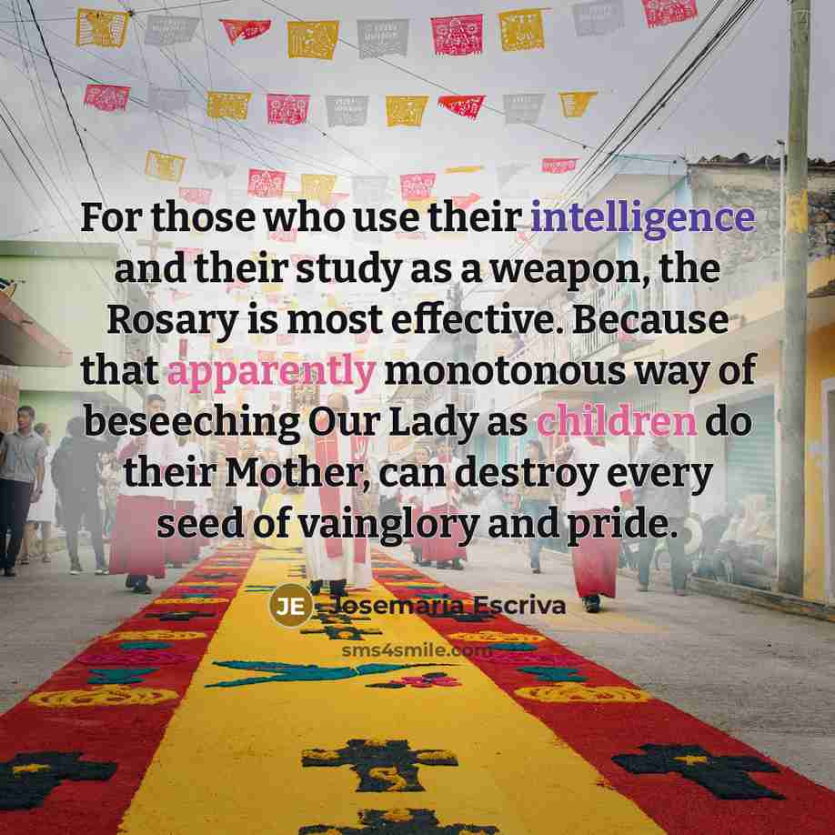 “For those who use their intelligence and their study as a weapon, the Rosary is most effective. Because that apparently monotonous way of beseeching Our Lady as children do their Mother, can destroy every seed of vainglory and pride.” quote by Josemaria Escriva