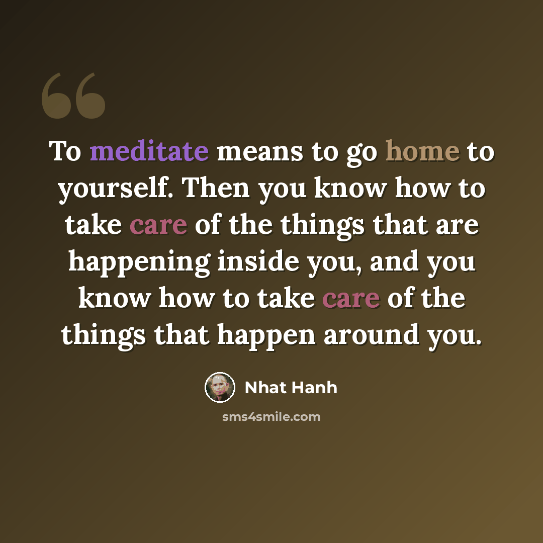 “To meditate means to go home to yourself. Then you know how to take care of the things that are happening inside you, and you know how to take care of the things that happen around you.” quote by Nhat Hanh