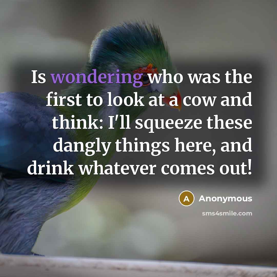 “Is wondering who was the first to look at a cow and think: I'll squeeze these dangly things here, and drink whatever comes out!” quote by Anonymous