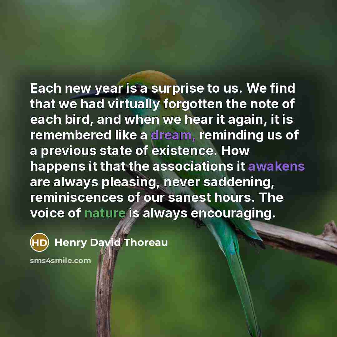“Each new year is a surprise to us. We find that we had virtually forgotten the note of each bird, and when we hear it again, it is remembered like a dream, reminding us of a previous state of existence. How happens it that the associations it awakens are always pleasing, never saddening…” quote by Henry David Thoreau