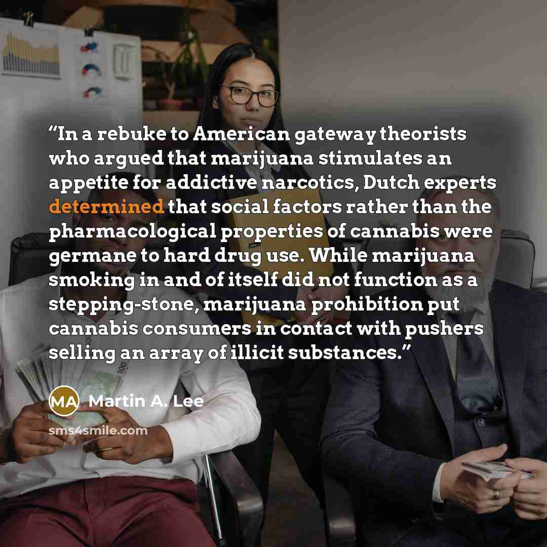 “In a rebuke to American gateway theorists who argued that marijuana stimulates an appetite for addictive narcotics, Dutch experts determined that social factors rather than the pharmacological properties of cannabis were germane to hard drug use. While marijuana smoking in and of itself did not…” quote by Martin A. Lee