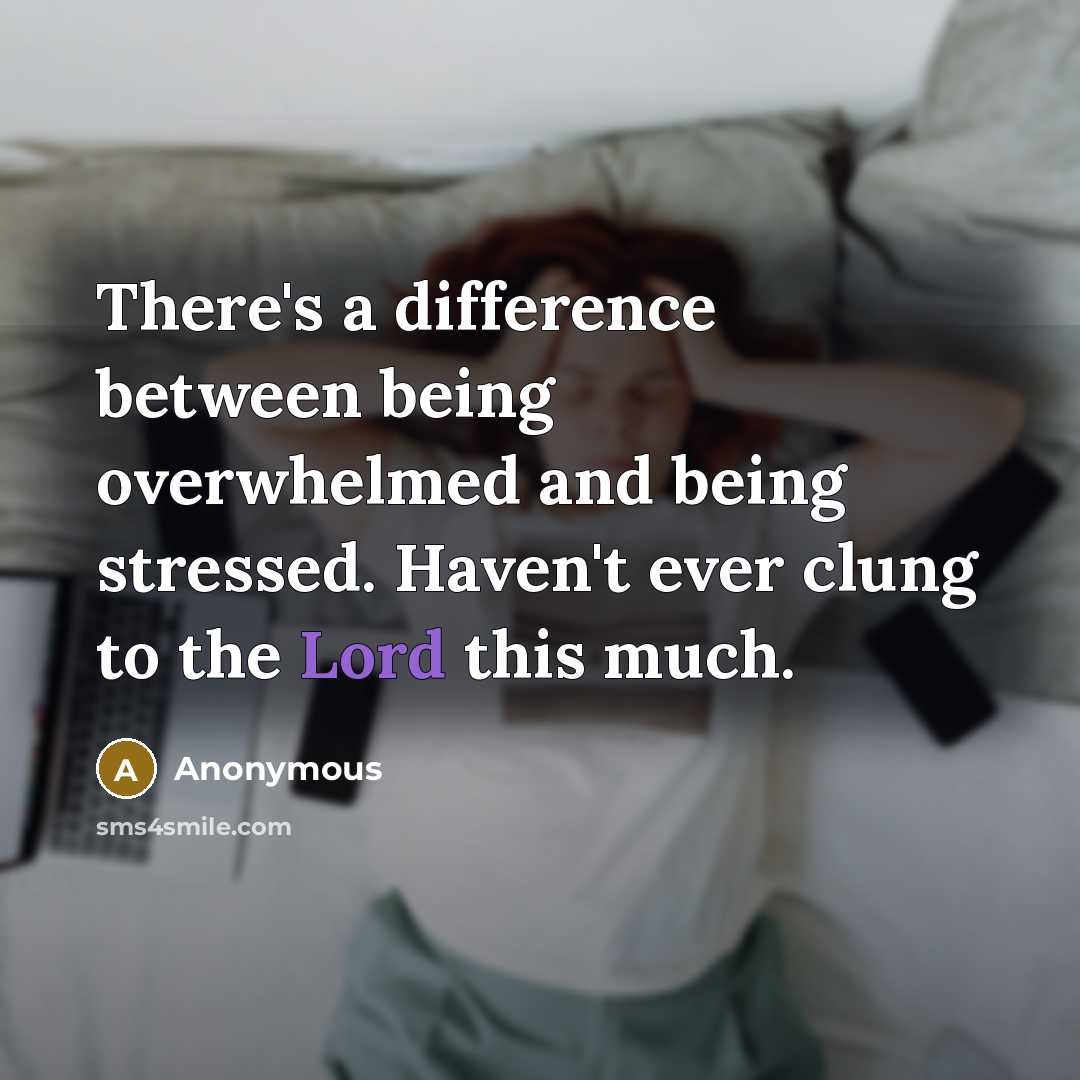 “There's a difference between being overwhelmed and being stressed. Haven't ever clung to the Lord this much.” quote by Anonymous