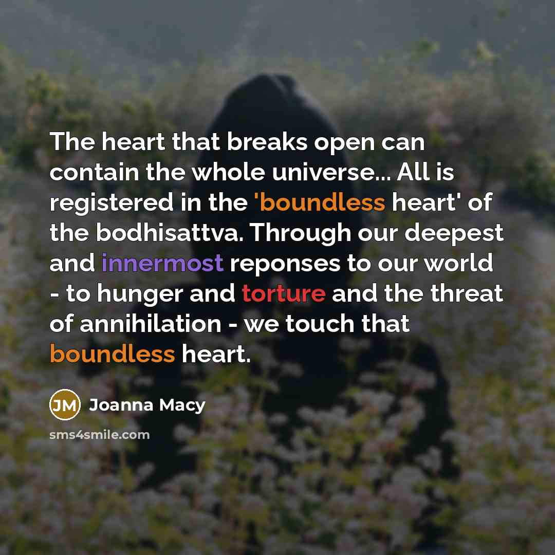 “The heart that breaks open can contain the whole universe... All is registered in the 'boundless heart' of the bodhisattva. Through our deepest and innermost reponses to our world - to hunger and torture and the threat of annihilation - we touch that boundless heart.” quote by Joanna Macy