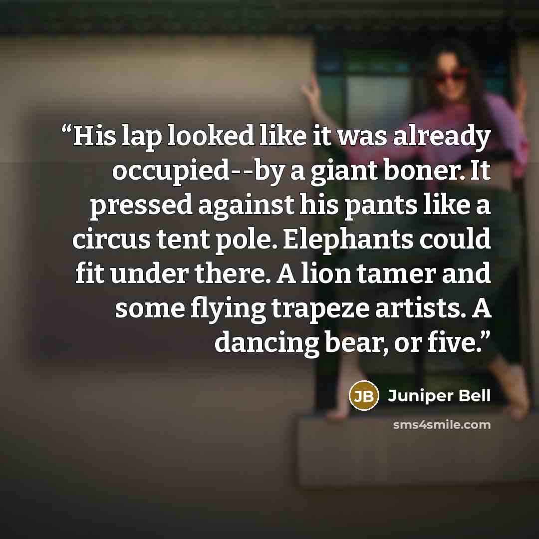 “His lap looked like it was already occupied--by a giant boner. It pressed against his pants like a circus tent pole. Elephants could fit under there. A lion tamer and some flying trapeze artists. A dancing bear, or five.” quote by Juniper Bell