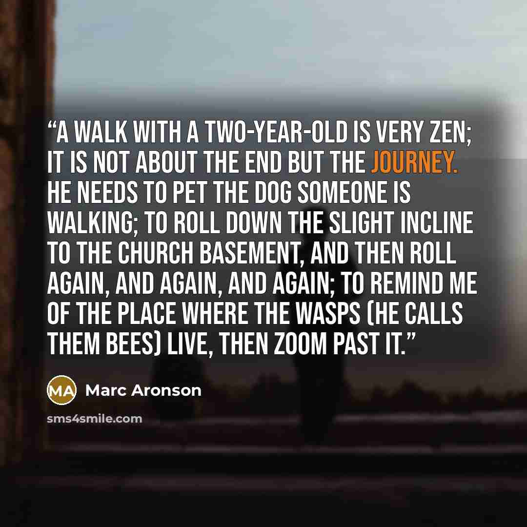 “A walk with a two-year-old is very Zen; it is not about the end but the journey. He needs to pet the dog someone is walking; to roll down the slight incline to the church basement, and then roll again, and again, and again; to remind me of the place where the wasps (he calls them bees) live, then…” quote by Marc Aronson