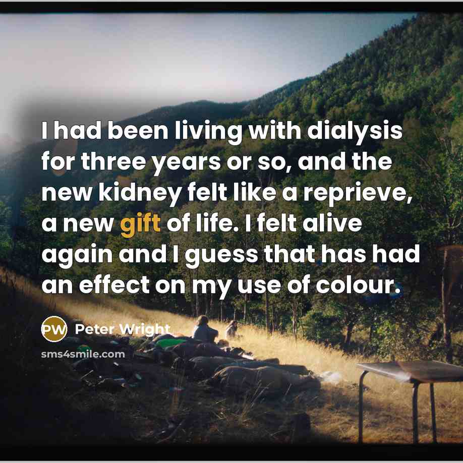 “I had been living with dialysis for three years or so, and the new kidney felt like a reprieve, a new gift of life. I felt alive again and I guess that has had an effect on my use of colour.” quote by Peter Wright
