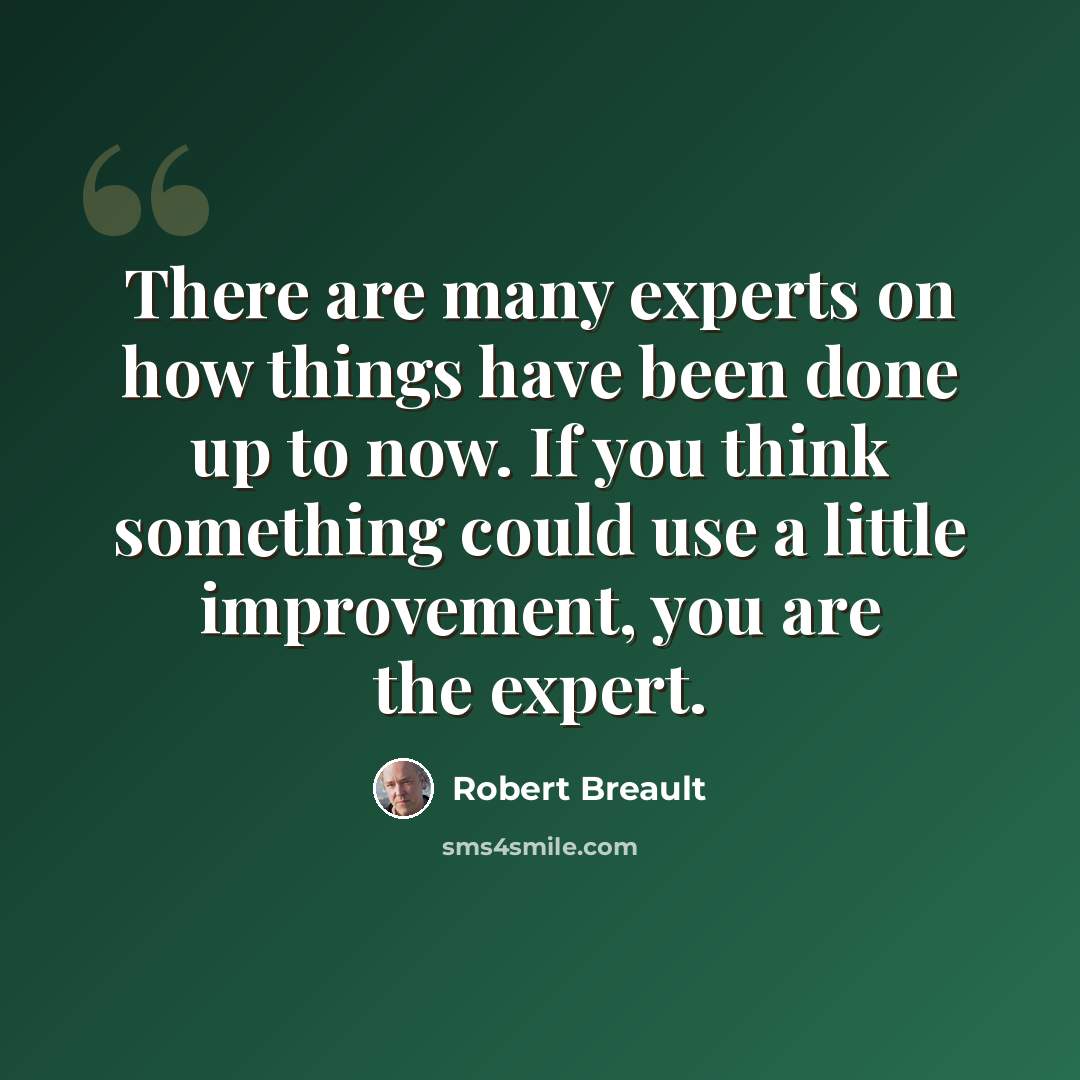 “There are many experts on how things have been done up to now. If you think something could use a little improvement, you are the expert.” quote by Robert Breault