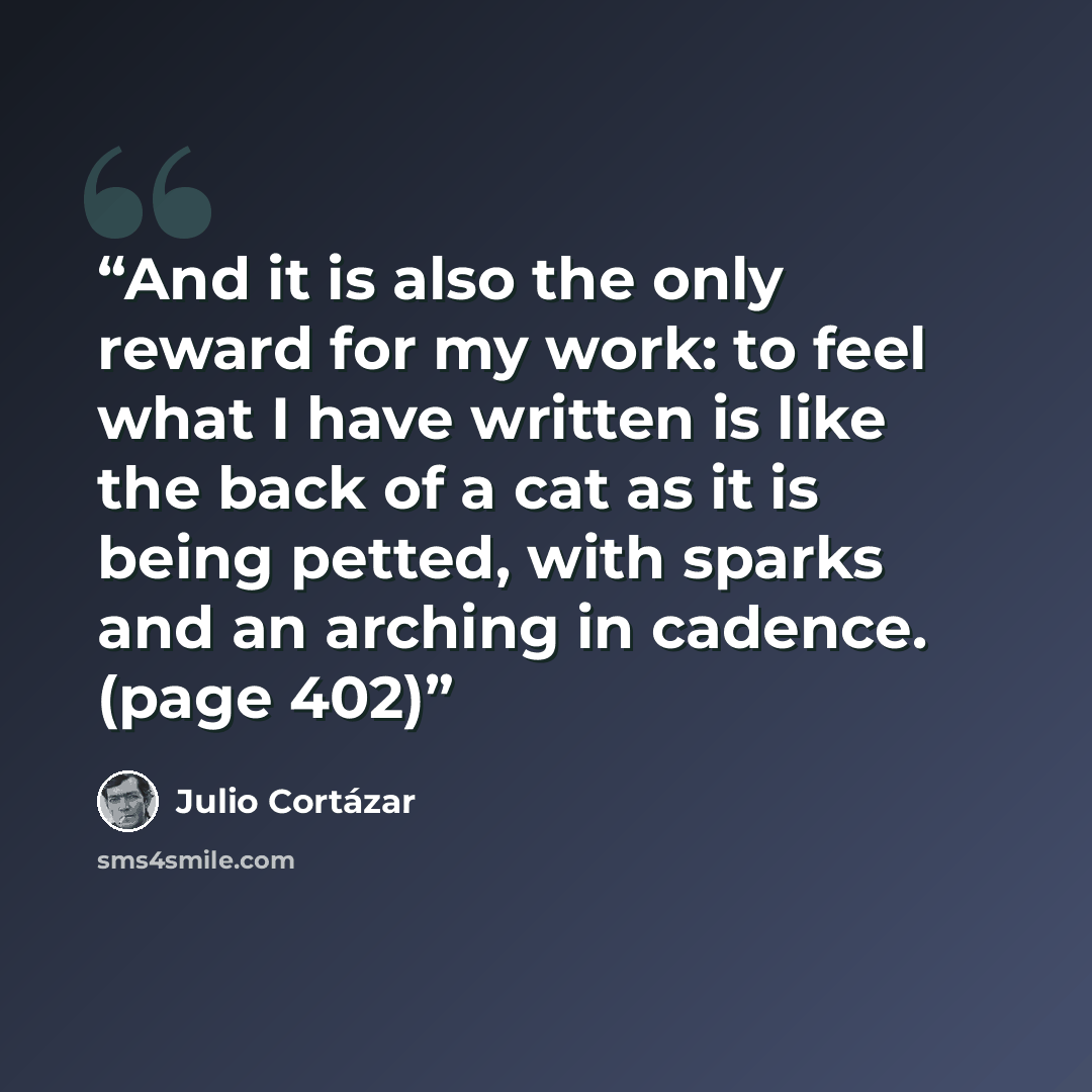 “And it is also the only reward for my work: to feel what I have written is like the back of a cat as it is being petted, with sparks and an arching in cadence. (page 402)” quote by Julio Cortázar