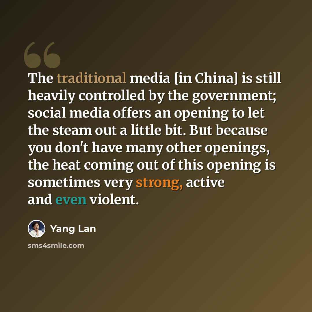 “The traditional media [in China] is still heavily controlled by the government; social media offers an opening to let the steam out a little bit. But because you don't have many other openings, the heat coming out of this opening is sometimes very strong, active and even violent.” quote by Yang Lan