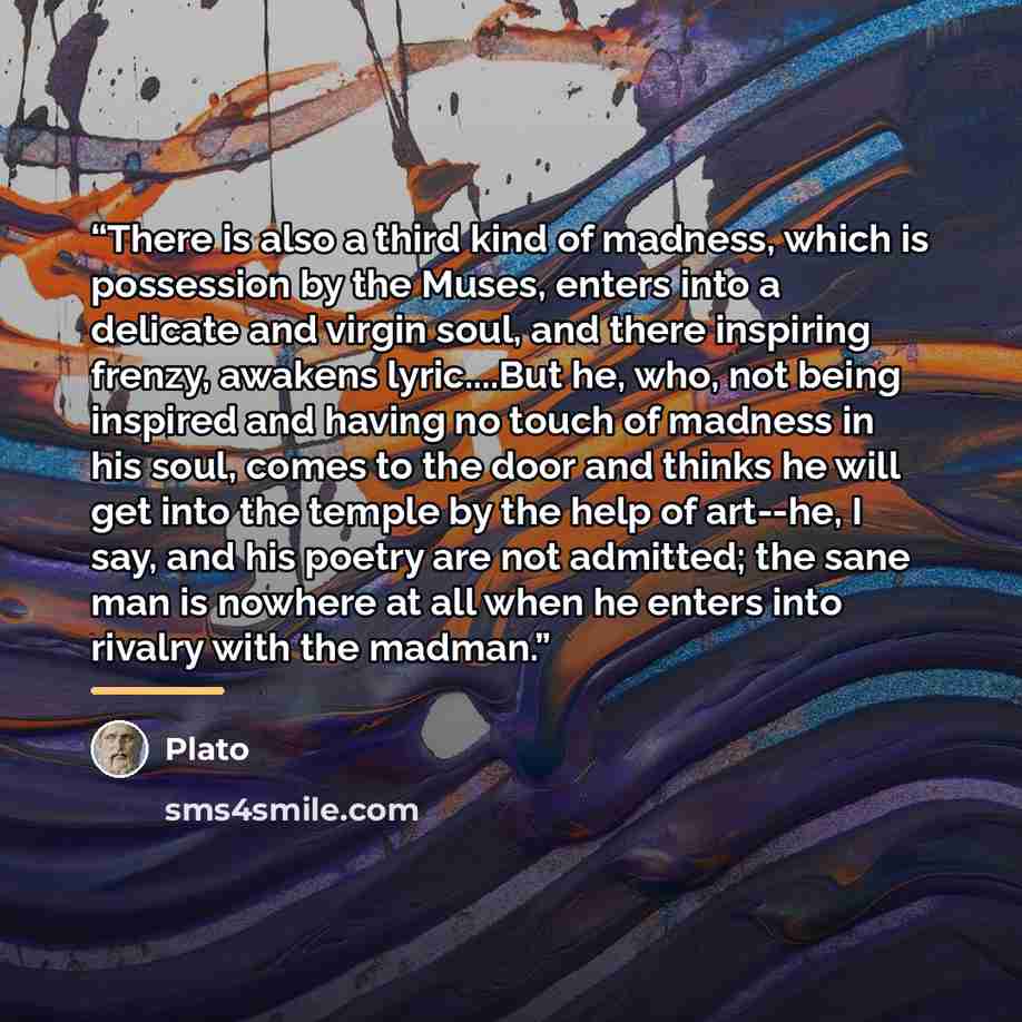 “There is also a third kind of madness, which is possession by the Muses, enters into a delicate and virgin soul, and there inspiring frenzy, awakens lyric…But he, who, not being inspired and having no touch of madness in his soul, comes to the door and thinks he will get into the temple by the…” quote by Plato