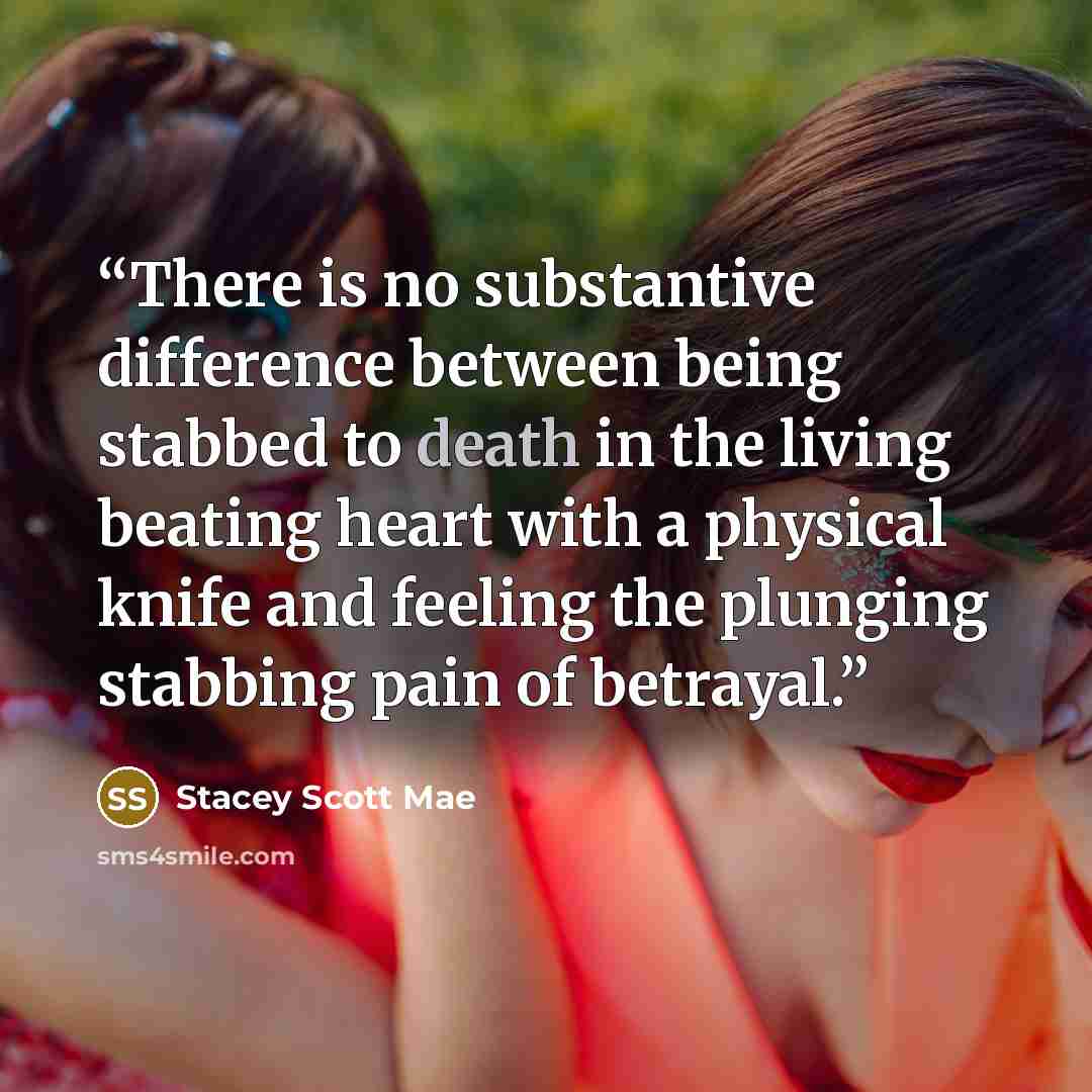 “There is no substantive difference between being stabbed to death in the living beating heart with a physical knife and feeling the plunging stabbing pain of betrayal.” quote by Stacey Scott Mae
