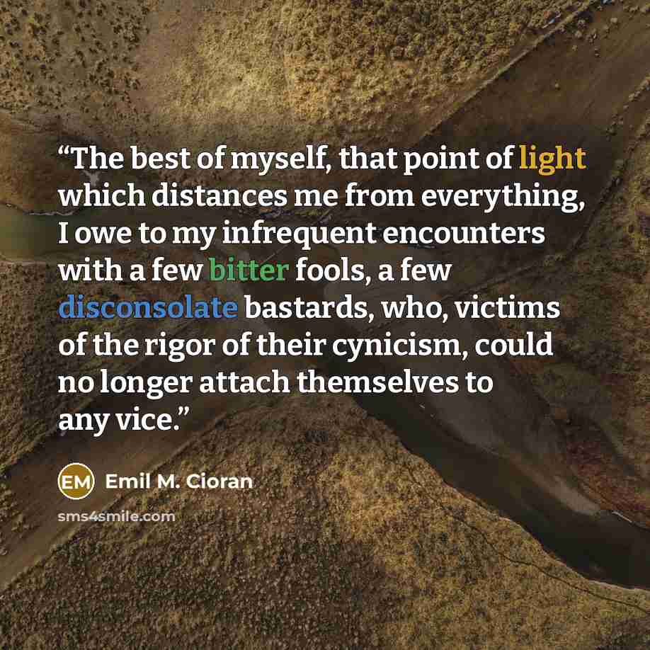 “The best of myself, that point of light which distances me from everything, I owe to my infrequent encounters with a few bitter fools, a few disconsolate bastards, who, victims of the rigor of their cynicism, could no longer attach themselves to any vice.” quote by Emil M. Cioran