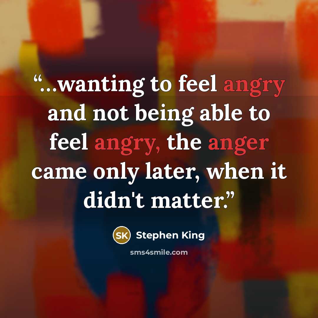 “…wanting to feel angry and not being able to feel angry, the anger came only later, when it didn't matter.” quote by Stephen King
