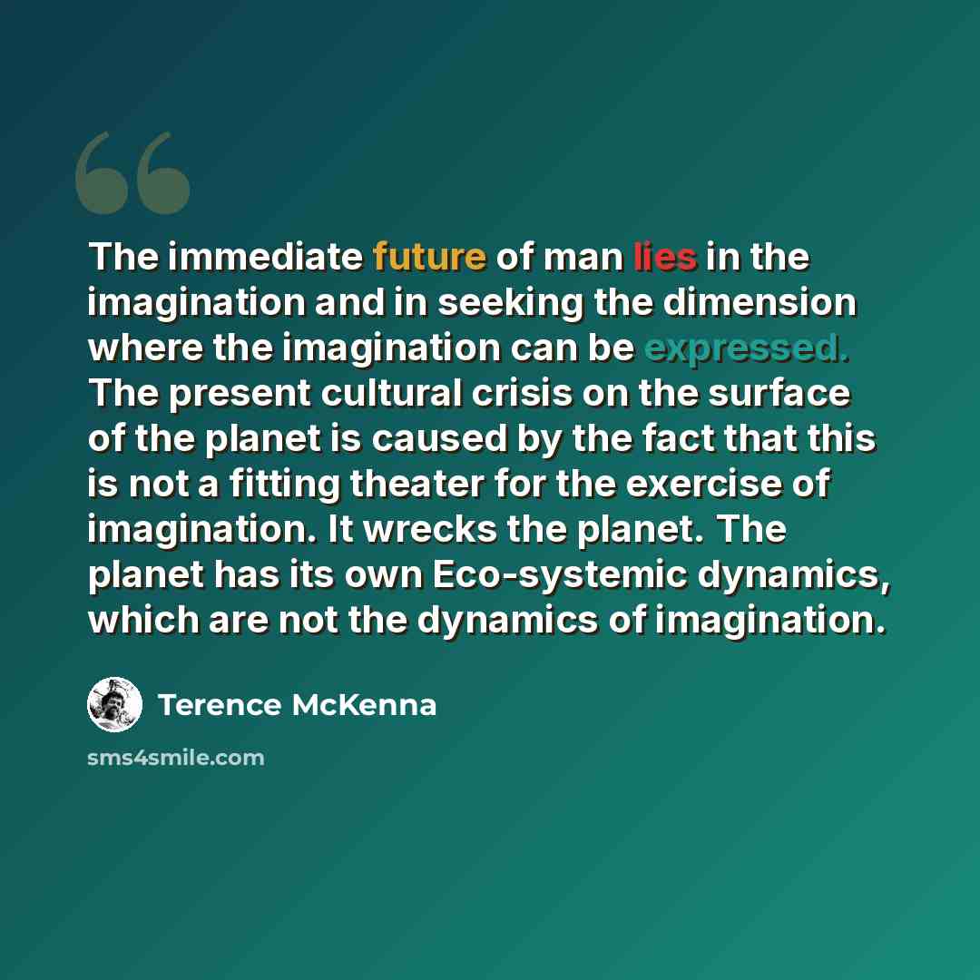 “The immediate future of man lies in the imagination and in seeking the dimension where the imagination can be expressed. The present cultural crisis on the surface of the planet is caused by the fact that this is not a fitting theater for the exercise of imagination. It wrecks the planet. The…” quote by Terence McKenna