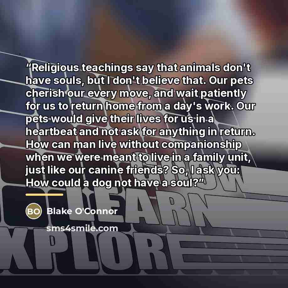 “Religious teachings say that animals don't have souls, but I don't believe that. Our pets cherish our every move, and wait patiently for us to return home from a day's work. Our pets would give their lives for us in a heartbeat and not ask for anything in return. How can man live without…” quote by Blake O'Connor