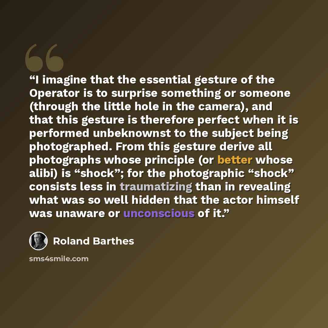 “I imagine that the essential gesture of the Operator is to surprise something or someone (through the little hole in the camera), and that this gesture is therefore perfect when it is performed unbeknownst to the subject being photographed. From this gesture derive all photographs whose principle…” quote by Roland Barthes