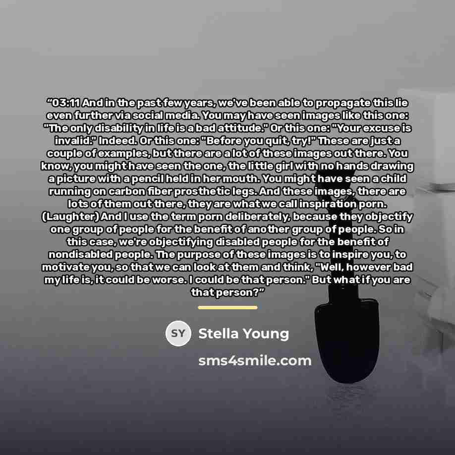 “03:11 And in the past few years, we've been able to propagate this lie even further via social media. You may have seen images like this one: "The only disability in life is a bad attitude." Or this one: "Your excuse is invalid." Indeed. Or this one: "Before you quit, try!" These are just a couple…” quote by Stella Young
