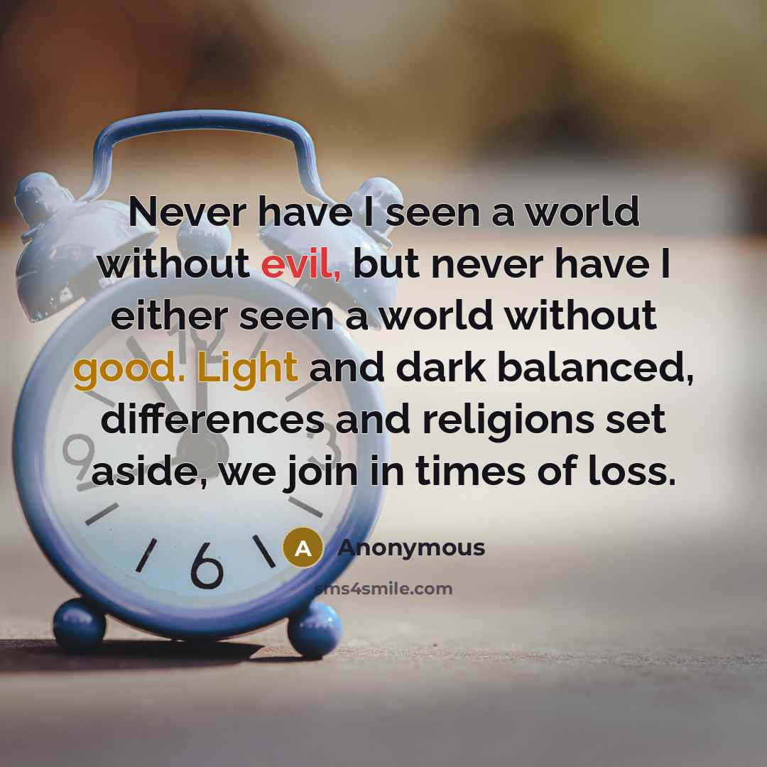 “Never have I seen a world without evil, but never have I either seen a world without good. Light and dark balanced, differences and religions set aside, we join in times of loss.” quote by Anonymous