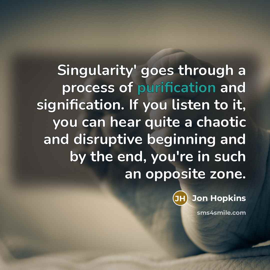 “Singularity' goes through a process of purification and signification. If you listen to it, you can hear quite a chaotic and disruptive beginning and by the end, you're in such an opposite zone.” quote by Jon Hopkins
