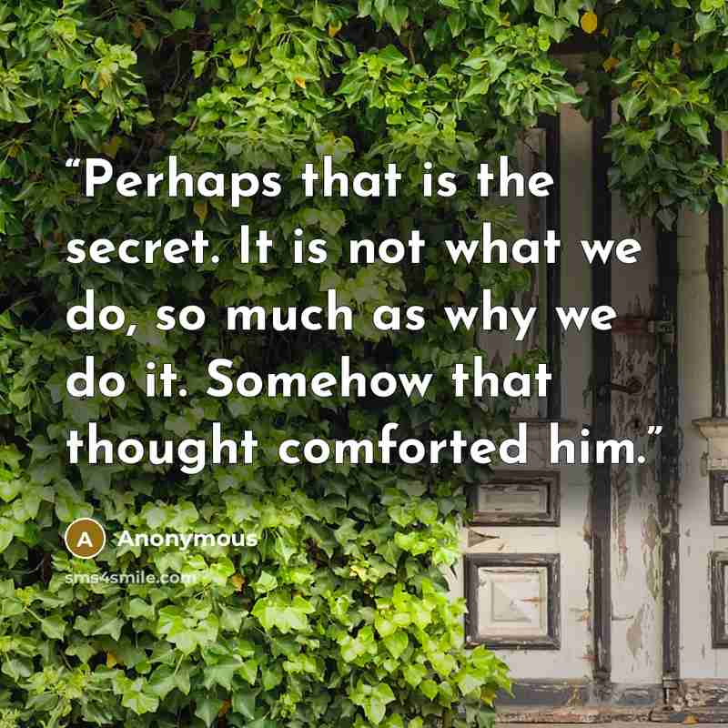 “Perhaps that is the secret. It is not what we do, so much as why we do it. Somehow that thought comforted him.” quote by Anonymous