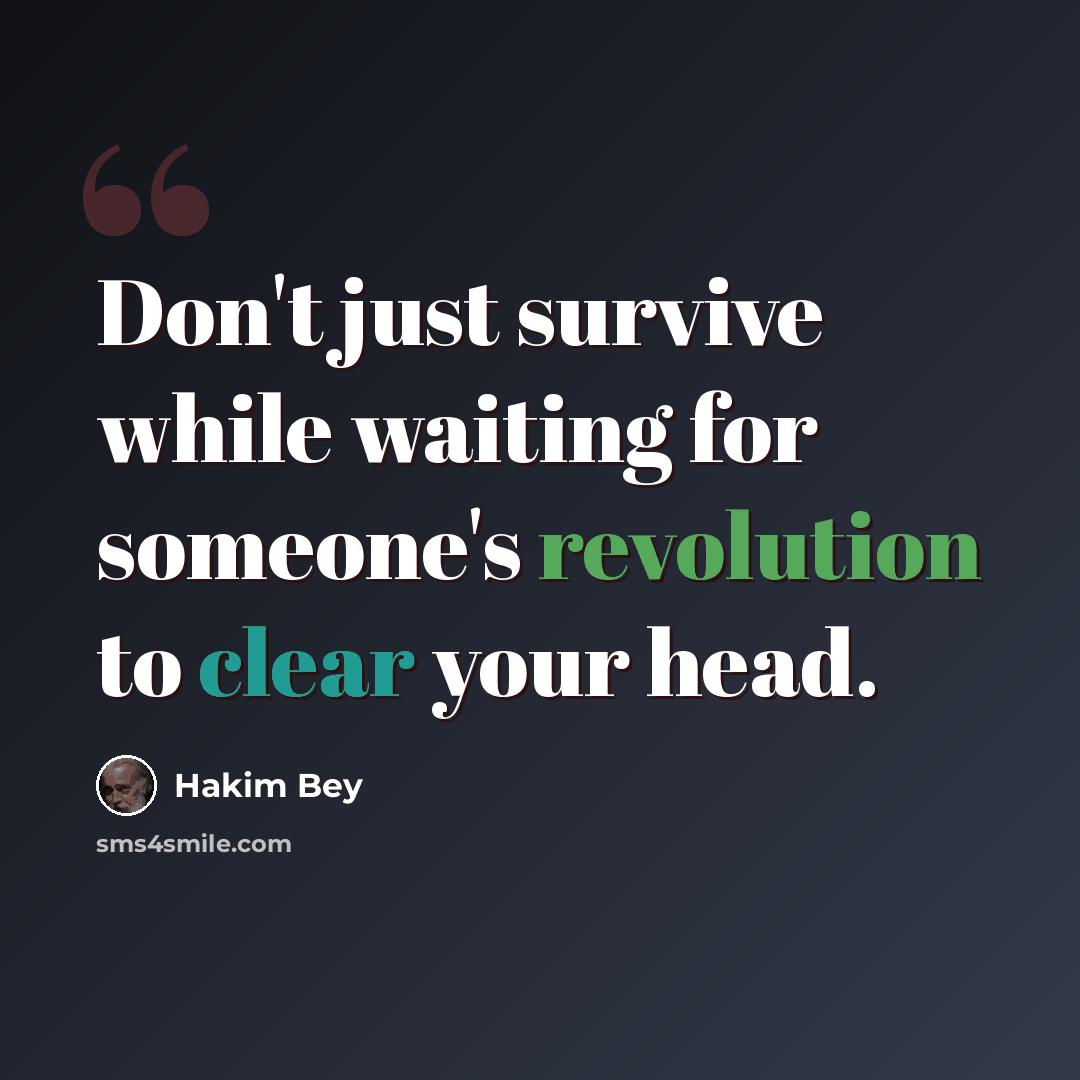 “Don't just survive while waiting for someone's revolution to clear your head.” quote by Hakim Bey