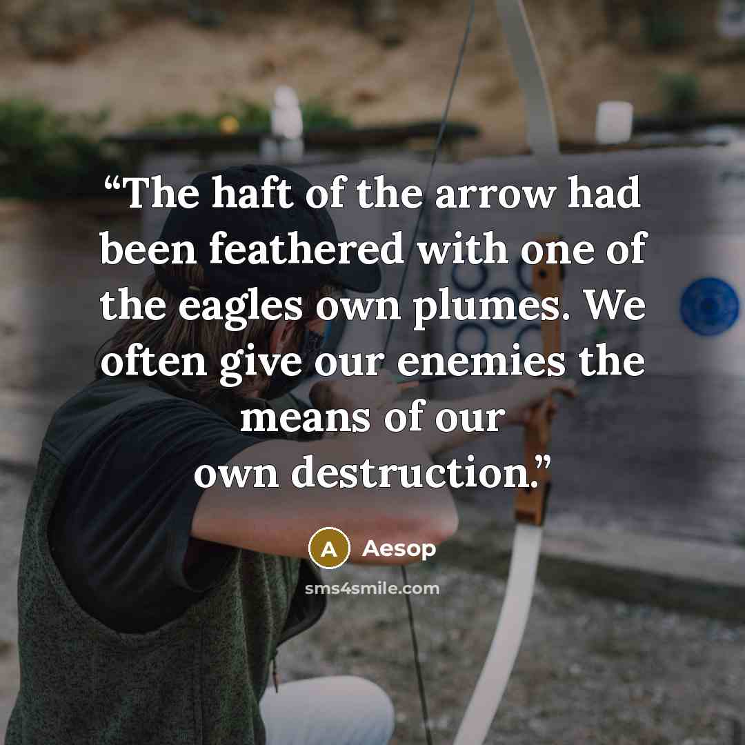“The haft of the arrow had been feathered with one of the eagles own plumes. We often give our enemies the means of our own destruction.” quote by Aesop