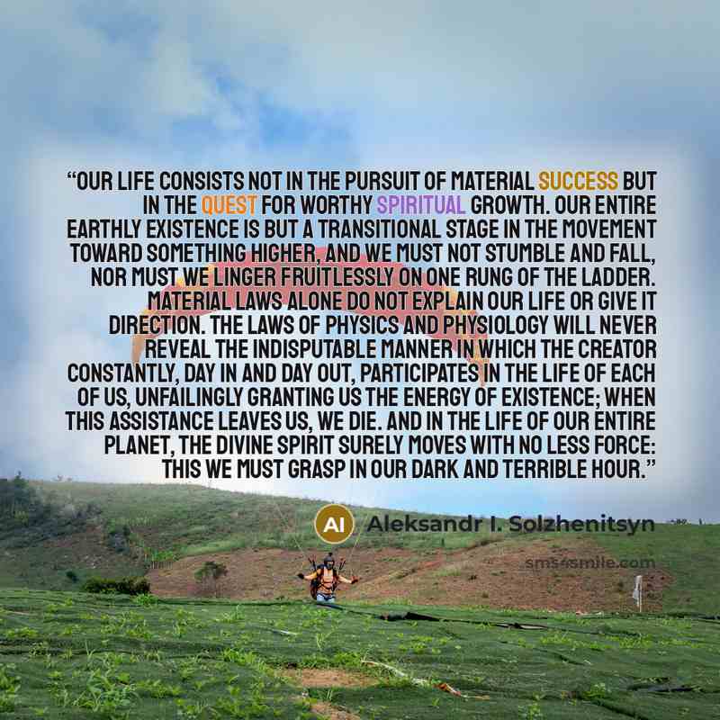 “Our life consists not in the pursuit of material success but in the quest for worthy spiritual growth. Our entire earthly existence is but a transitional stage in the movement toward something higher, and we must not stumble and fall, nor must we linger fruitlessly on one rung of the ladder…” quote by Aleksandr I. Solzhenitsyn