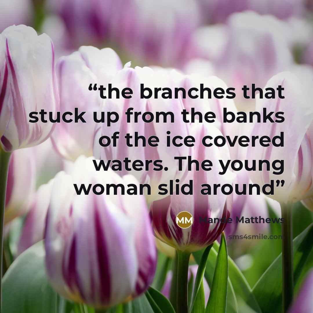 “the branches that stuck up from the banks of the ice covered waters. The young woman slid around” quote by Mande Matthews