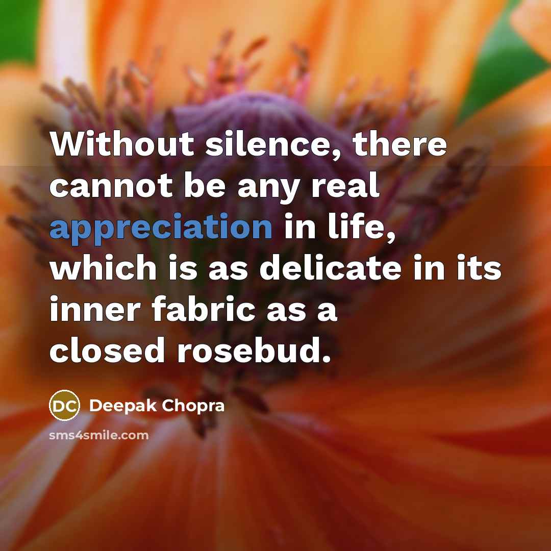 “Without silence, there cannot be any real appreciation in life, which is as delicate in its inner fabric as a closed rosebud.” quote by Deepak Chopra