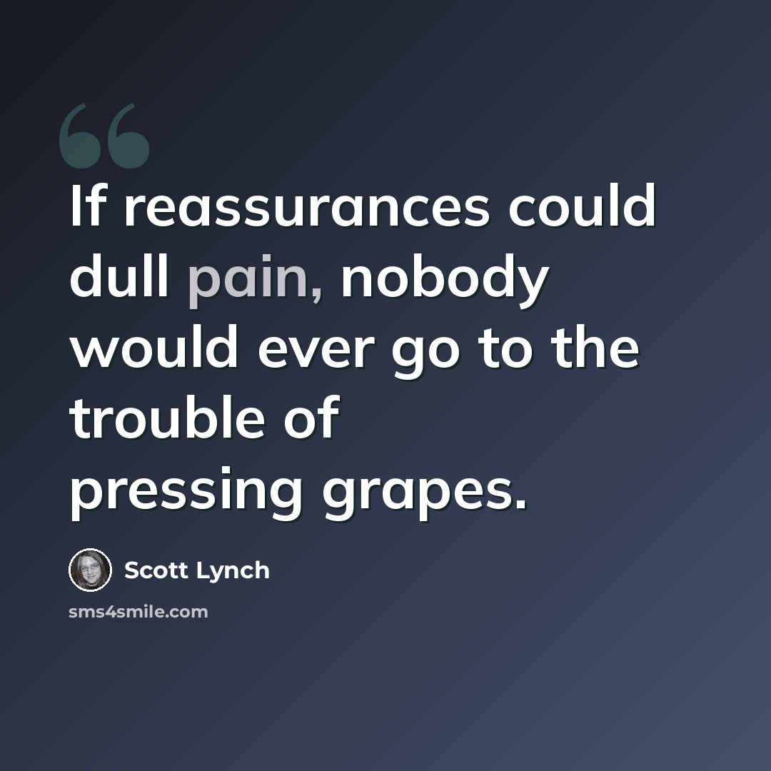 “If reassurances could dull pain, nobody would ever go to the trouble of pressing grapes.” quote by Scott Lynch