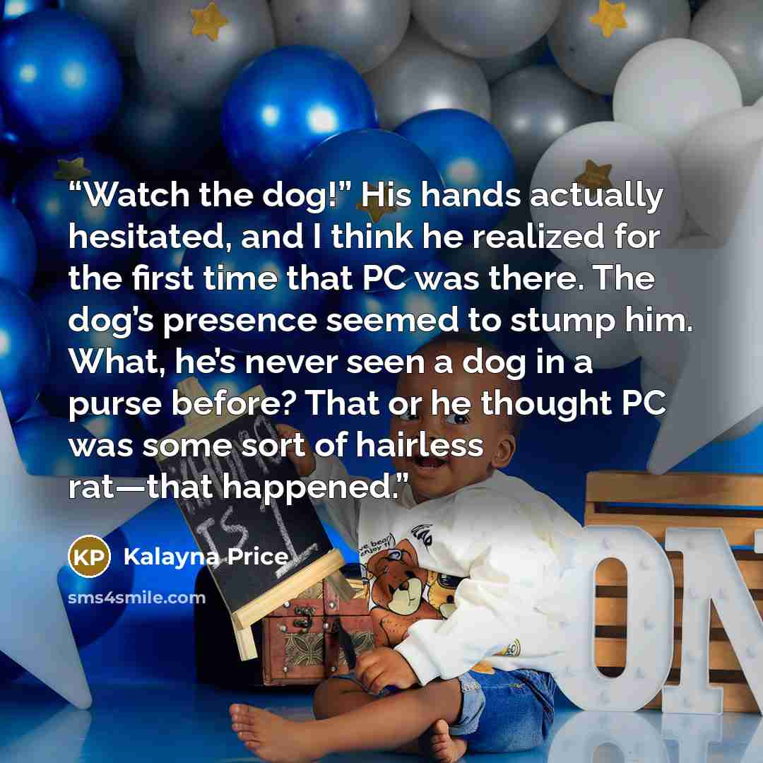 “Watch the dog!” His hands actually hesitated, and I think he realized for the first time that PC was there. The dog’s presence seemed to stump him. What, he’s never seen a dog in a purse before? That or he thought PC was some sort of hairless rat—that happened.” quote by Kalayna Price