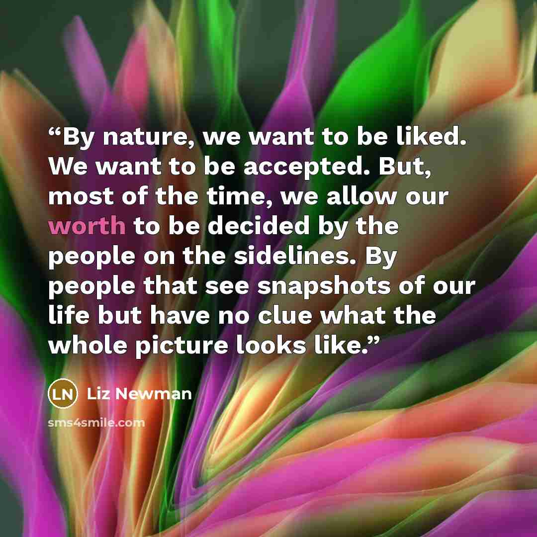 “By nature, we want to be liked. We want to be accepted. But, most of the time, we allow our worth to be decided by the people on the sidelines. By people that see snapshots of our life but have no clue what the whole picture looks like.” quote by Liz Newman