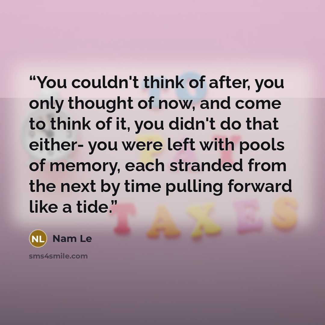 “You couldn't think of after, you only thought of now, and come to think of it, you didn't do that either- you were left with pools of memory, each stranded from the next by time pulling forward like a tide.” quote by Nam Le