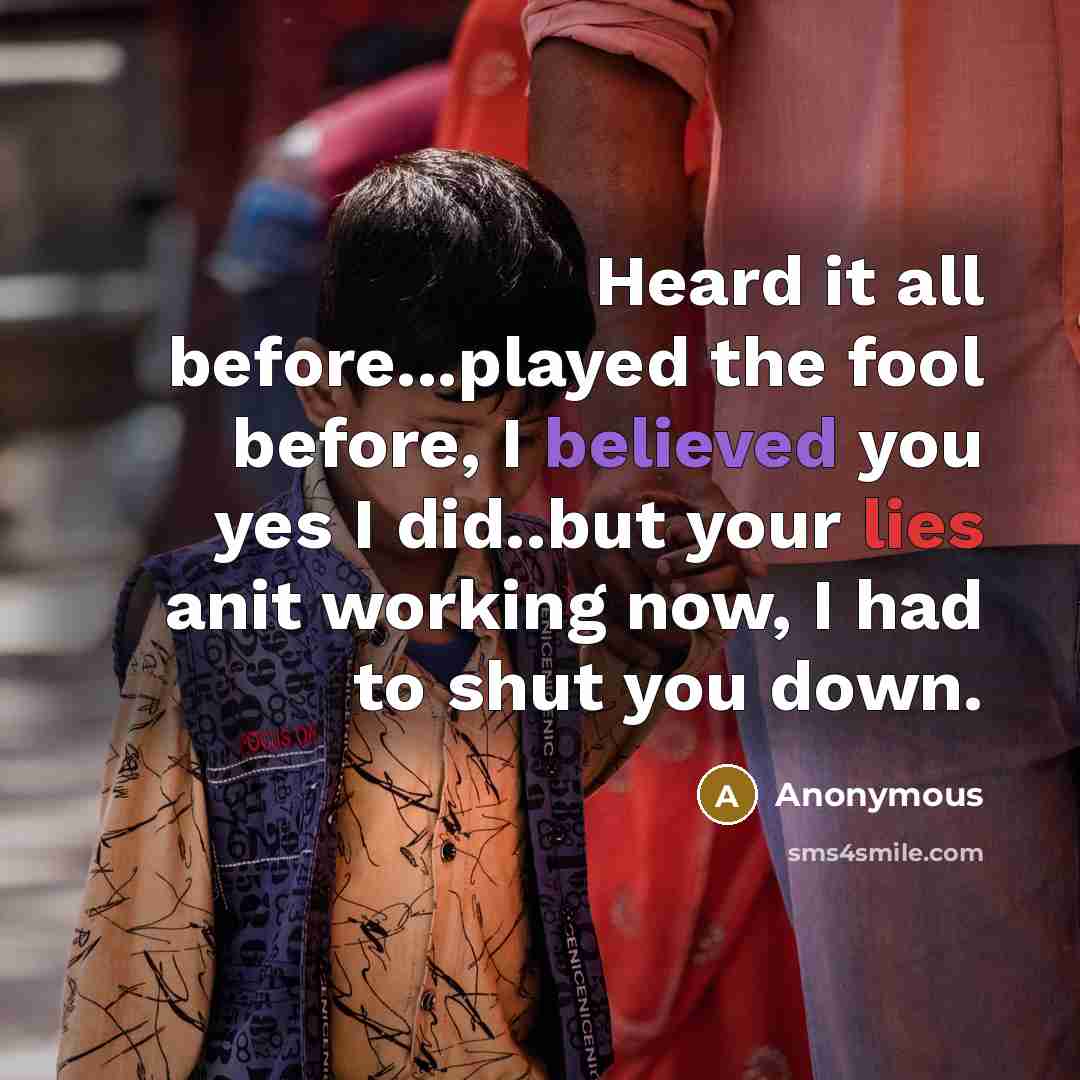 “Heard it all before...played the fool before, I believed you yes I did..but your lies anit working now, I had to shut you down.” quote by Anonymous