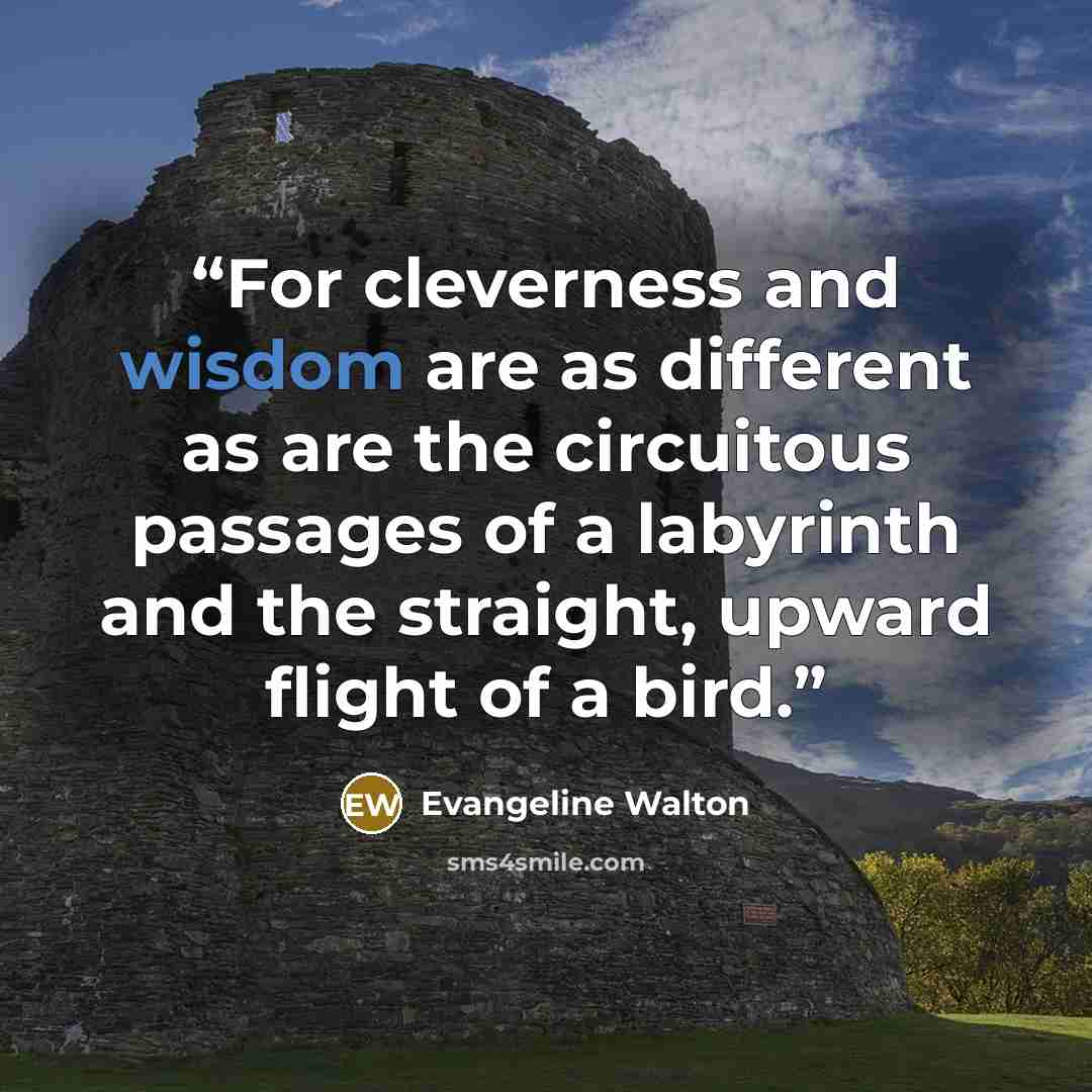 “For cleverness and wisdom are as different as are the circuitous passages of a labyrinth and the straight, upward flight of a bird.” quote by Evangeline Walton