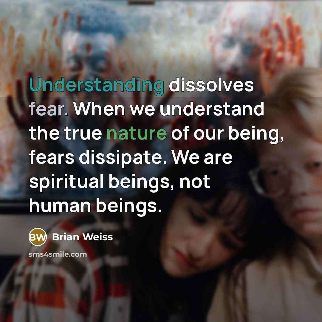 “Understanding dissolves fear. When we understand the true nature of our being, fears dissipate. We are spiritual beings, not human beings.” quote by Brian Weiss