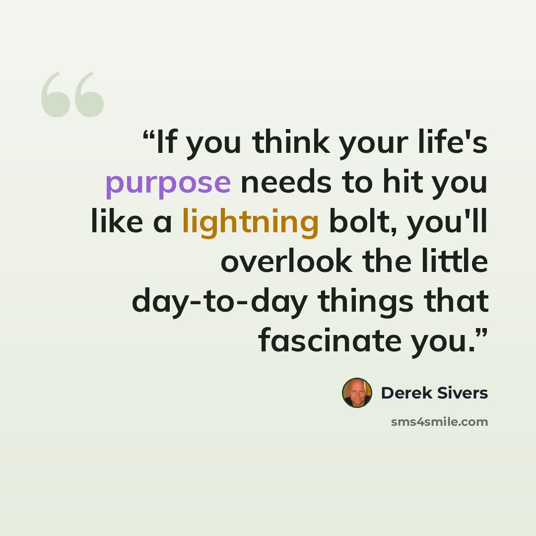 “If you think your life's purpose needs to hit you like a lightning bolt, you'll overlook the little day-to-day things that fascinate you.” quote by Derek Sivers
