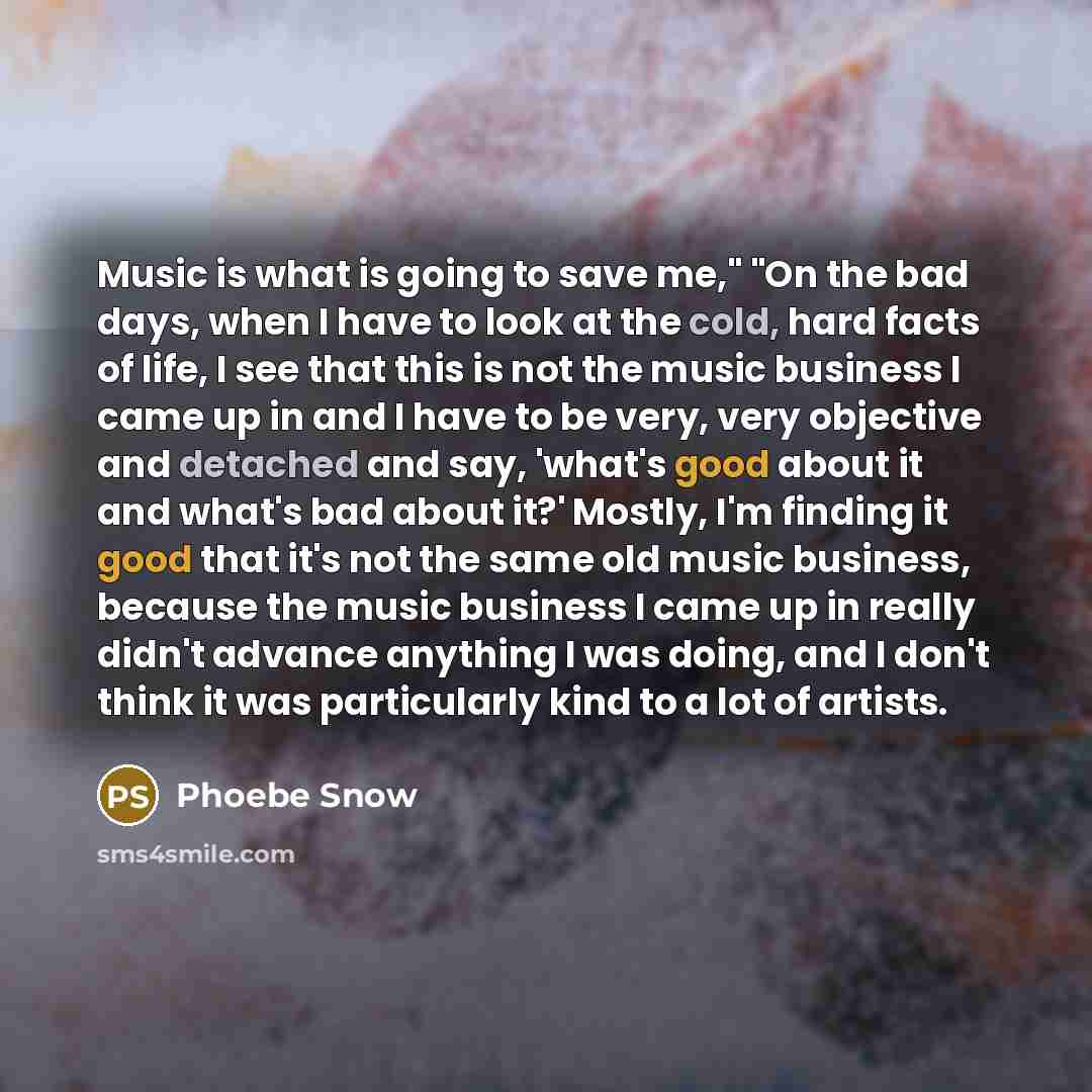 “Music is what is going to save me," "On the bad days, when I have to look at the cold, hard facts of life, I see that this is not the music business I came up in and I have to be very, very objective and detached and say, 'what's good about it and what's bad about it?' Mostly, I'm finding it good…” quote by Phoebe Snow