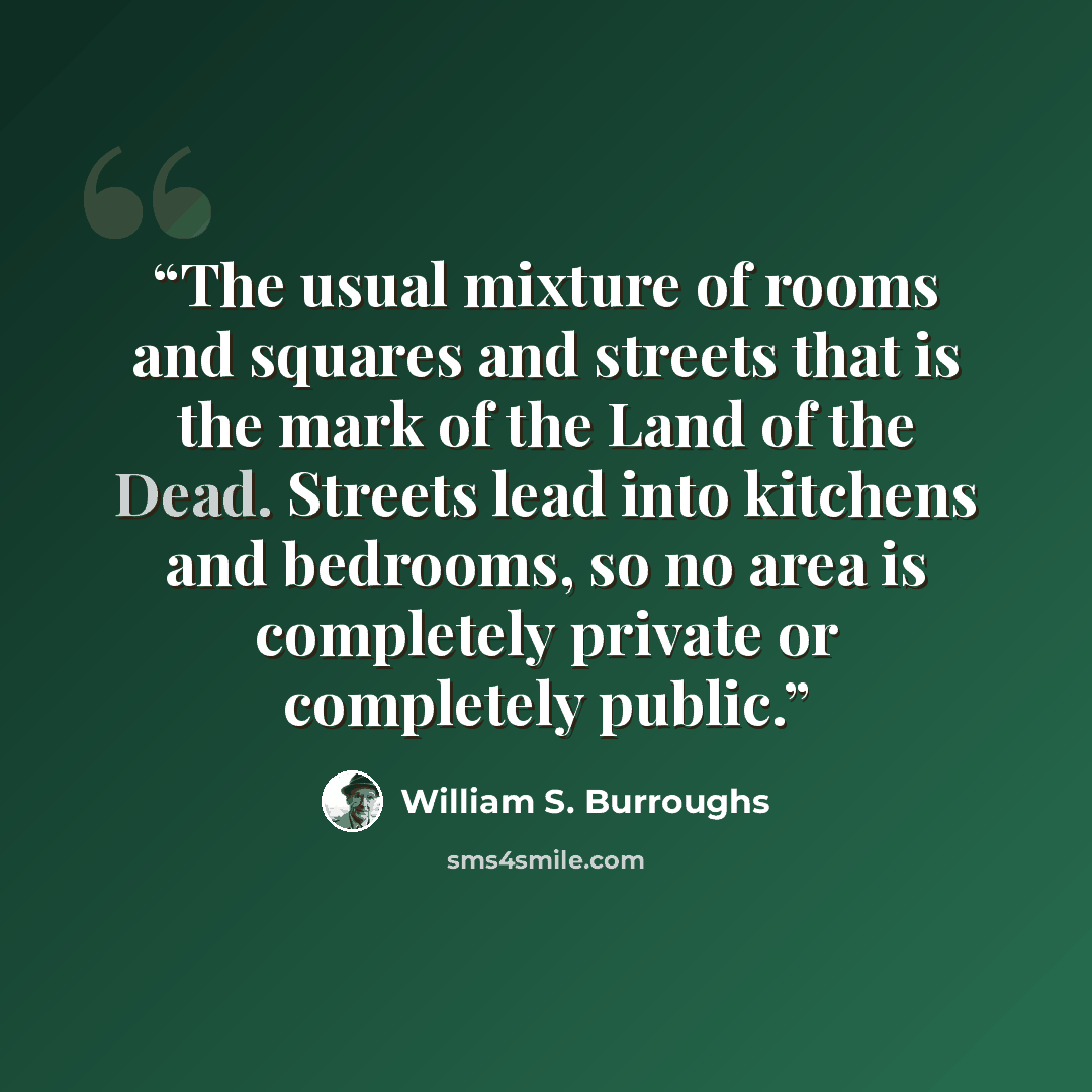 “The usual mixture of rooms and squares and streets that is the mark of the Land of the Dead. Streets lead into kitchens and bedrooms, so no area is completely private or completely public.” quote by William S. Burroughs