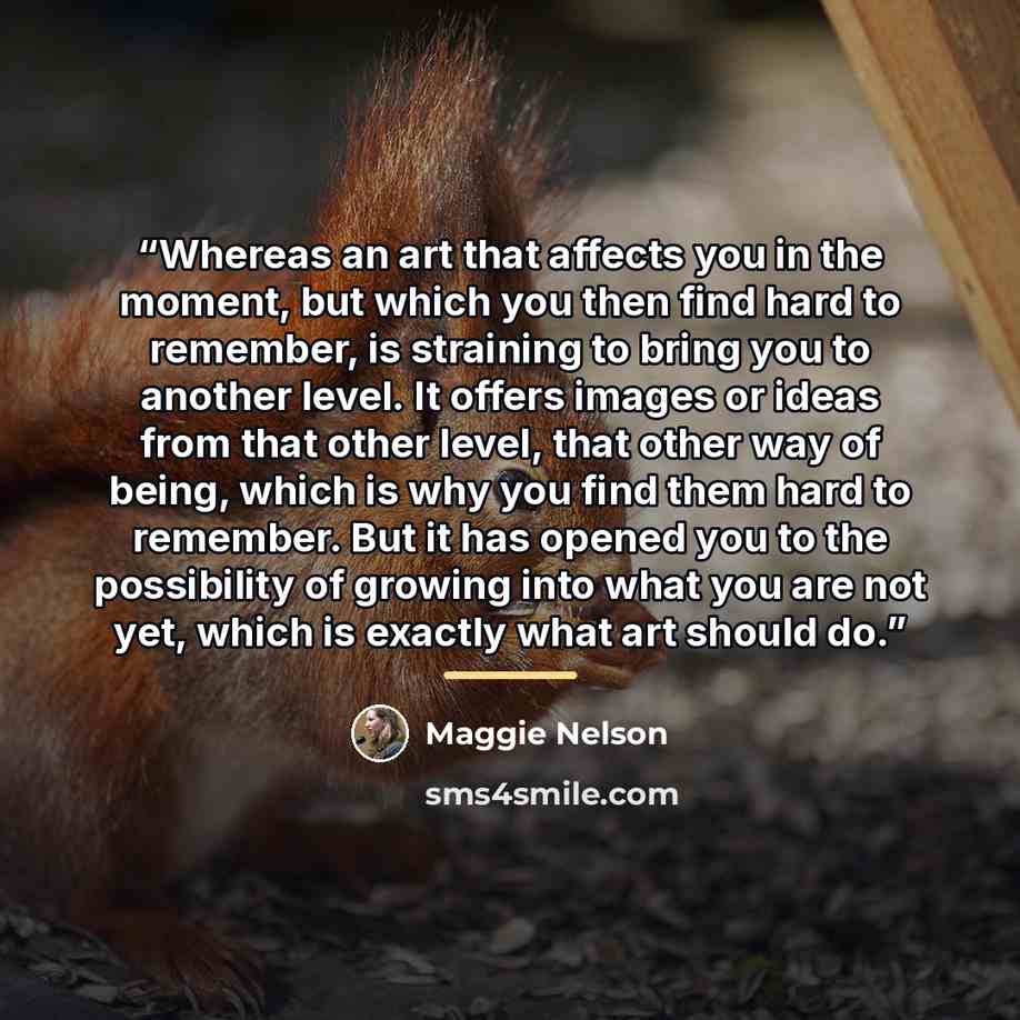 “Whereas an art that affects you in the moment, but which you then find hard to remember, is straining to bring you to another level. It offers images or ideas from that other level, that other way of being, which is why you find them hard to remember. But it has opened you to the possibility of…” quote by Maggie Nelson