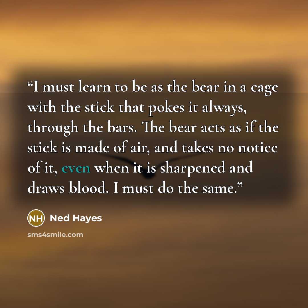 “I must learn to be as the bear in a cage with the stick that pokes it always, through the bars. The bear acts as if the stick is made of air, and takes no notice of it, even when it is sharpened and draws blood. I must do the same.” quote by Ned Hayes