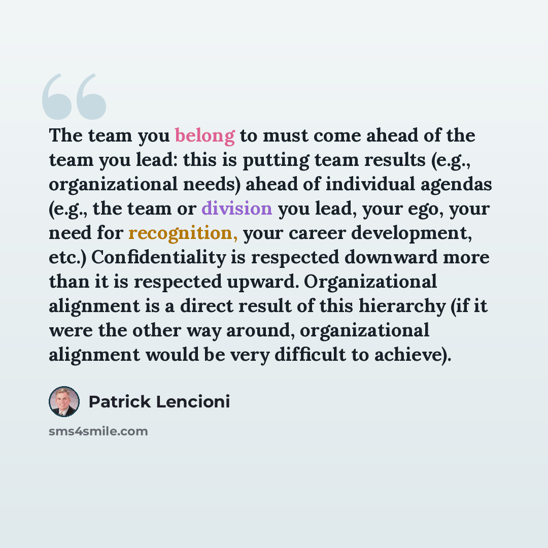 “The team you belong to must come ahead of the team you lead: this is putting team results (e.g., organizational needs) ahead of individual agendas (e.g., the team or division you lead, your ego, your need for recognition, your career development, etc.) Confidentiality is respected downward more…” quote by Patrick Lencioni