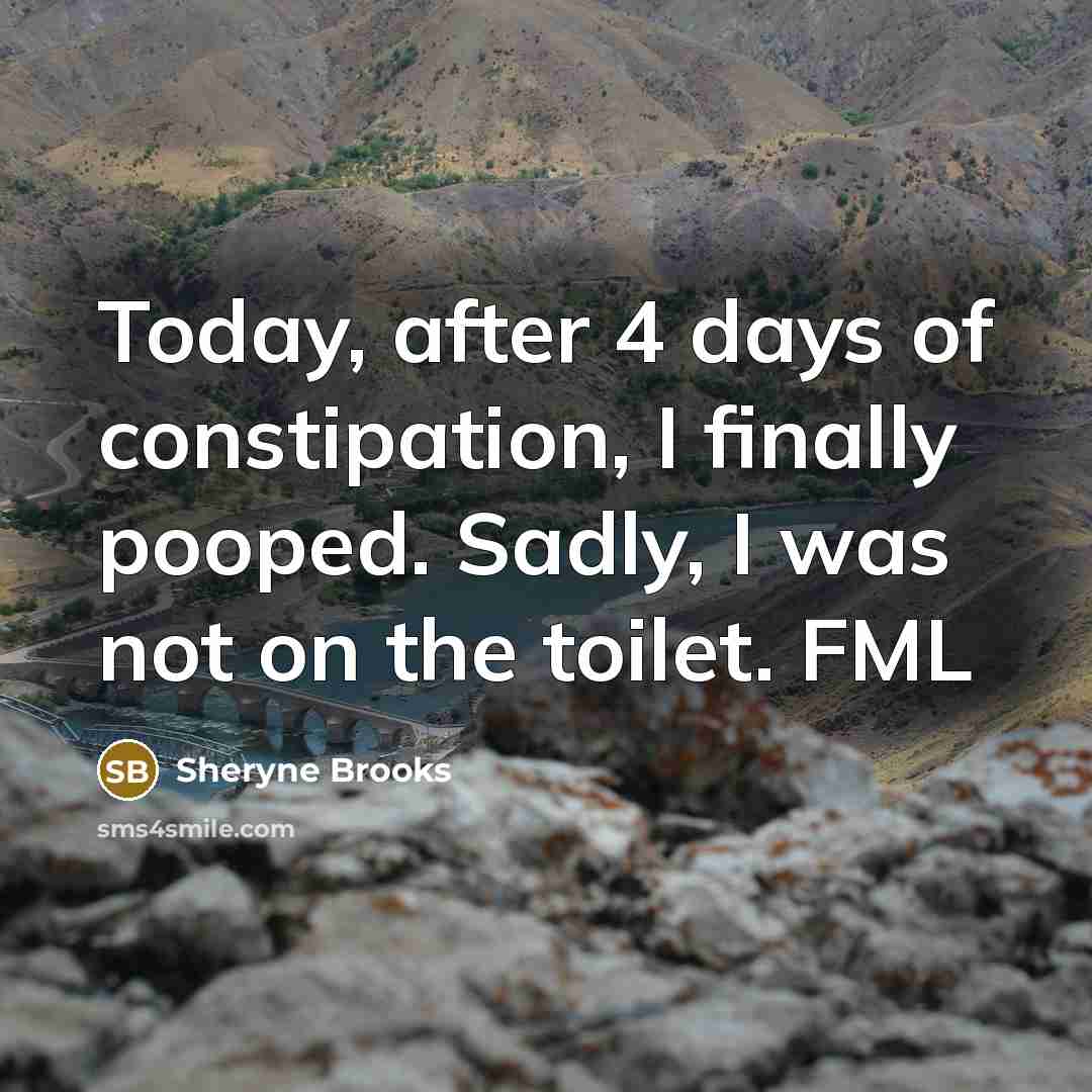 “Today, after 4 days of constipation, I finally pooped. Sadly, I was not on the toilet. FML” quote by Sheryne Brooks