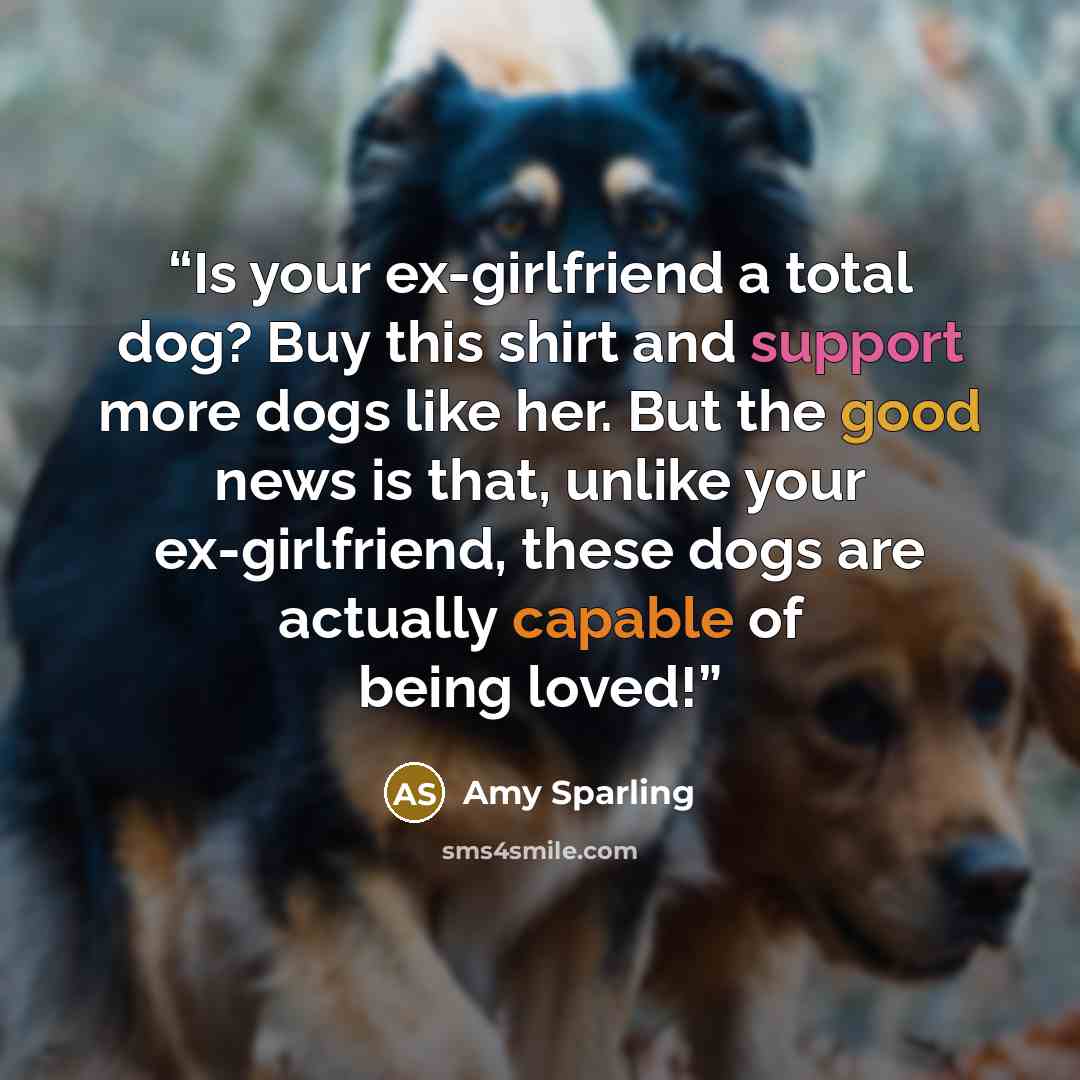 “Is your ex-girlfriend a total dog? Buy this shirt and support more dogs like her. But the good news is that, unlike your ex-girlfriend, these dogs are actually capable of being loved!” quote by Amy Sparling