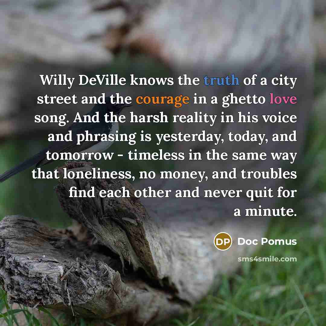 “Willy DeVille knows the truth of a city street and the courage in a ghetto love song. And the harsh reality in his voice and phrasing is yesterday, today, and tomorrow - timeless in the same way that loneliness, no money, and troubles find each other and never quit for a minute.” quote by Doc Pomus
