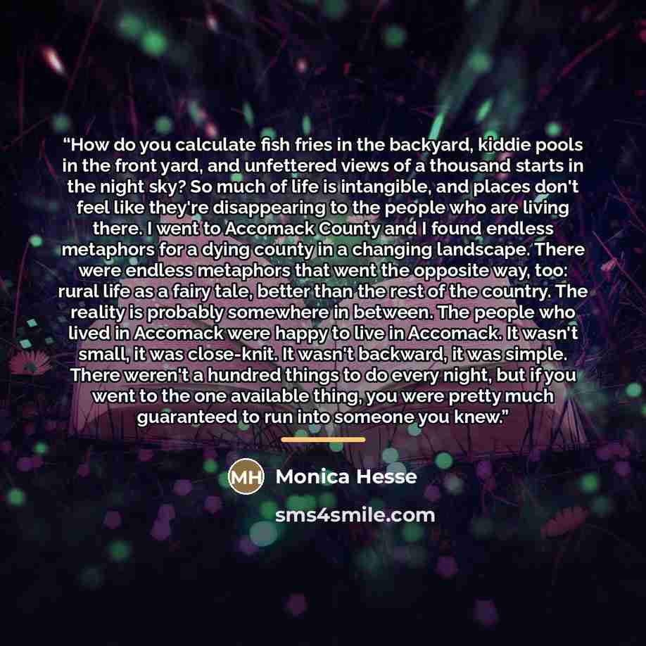 “How do you calculate fish fries in the backyard, kiddie pools in the front yard, and unfettered views of a thousand starts in the night sky? So much of life is intangible, and places don't feel like they're disappearing to the people who are living there. I went to Accomack County and I found…” quote by Monica Hesse
