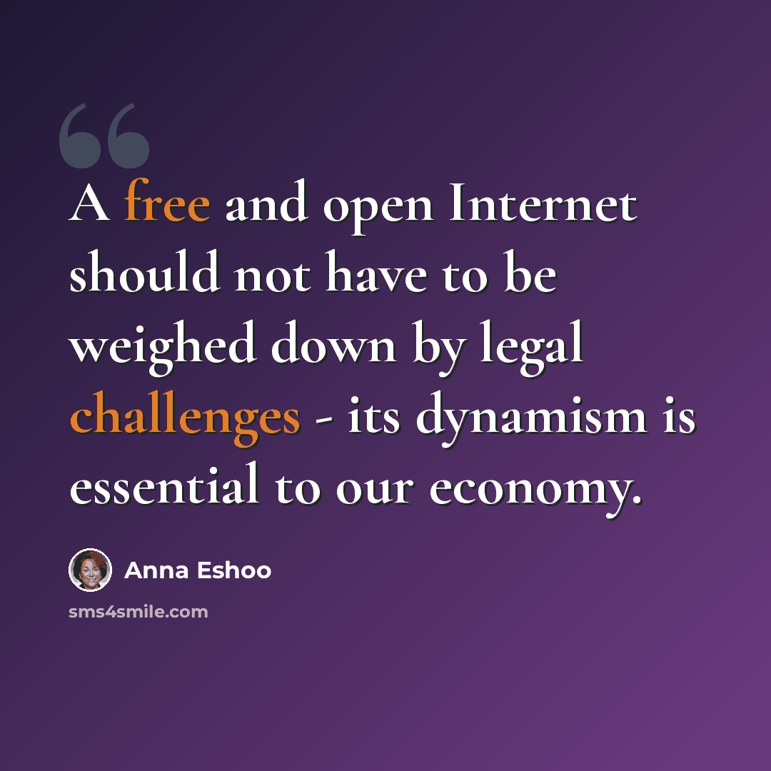 “A free and open Internet should not have to be weighed down by legal challenges - its dynamism is essential to our economy.” quote by Anna Eshoo